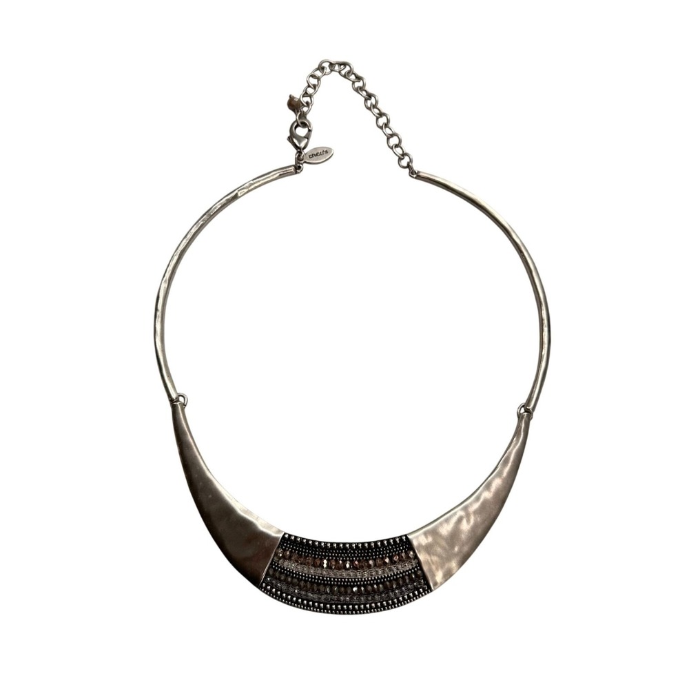 Chicos Elegant Hammered Collar Silver Tone Bib Necklace Beaded Accent Adjustable